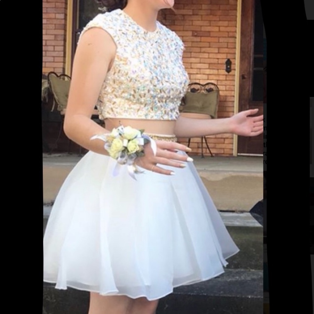 White and Gold Two Piece Homecoming Dress - Picture 2 of 4
